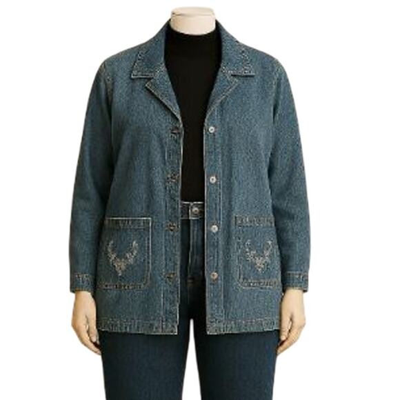 VTG Tudor Court Denim Blazer Size M Embroidered Pockets Oversized Fit Haband - Picture 2 of 10